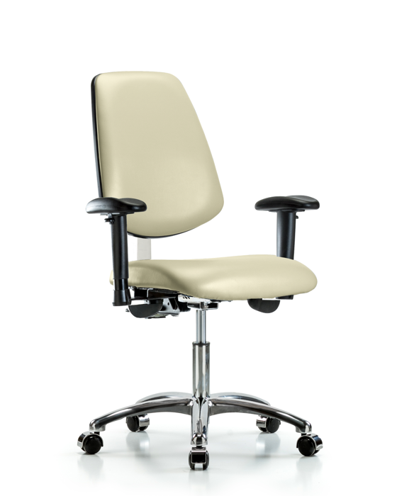 Blue Ridge Ergonomics NCR-VDHCH-MB-CR-T0-A1-CC-8501 Class 100 Vinyl Clean Room Chair - Desk Height with Medium Back, Adjustable Arms, & Casters in Adobe White Trailblazer™ Vinyl