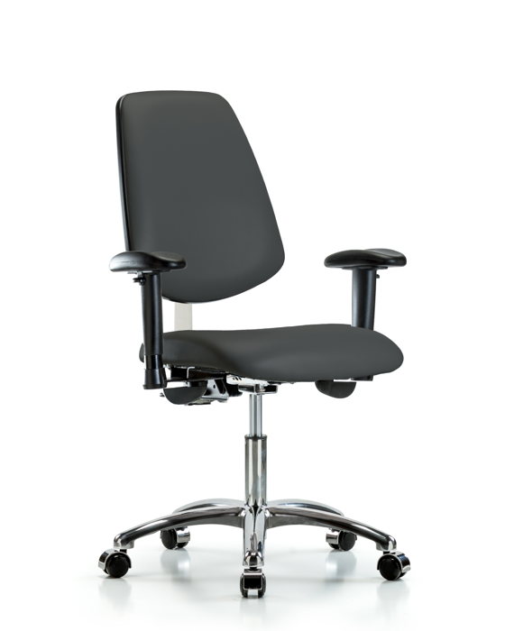 Blue Ridge Ergonomics NCR-VDHCH-MB-CR-T0-A1-CC-8605 Class 100 Vinyl Clean Room Chair - Desk Height with Medium Back, Adjustable Arms, & Casters in Charcoal Trailblazer™ Vinyl