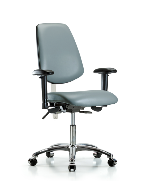 Blue Ridge Ergonomics NCR-VDHCH-MB-CR-T0-A1-CC-8822 Class 100 Vinyl Clean Room Chair - Desk Height with Medium Back, Adjustable Arms, & Casters in Storm Supernova™ Vinyl