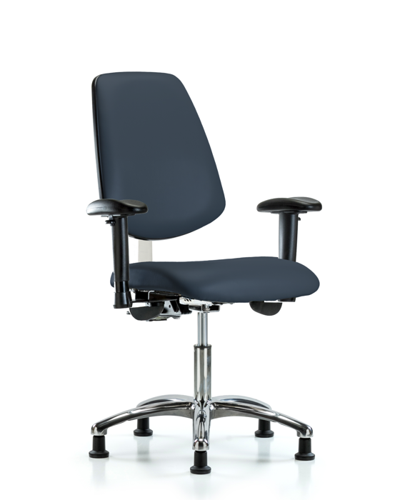 Blue Ridge Ergonomics NCR-VDHCH-MB-CR-T0-A1-RG-8582 Class 100 Vinyl Clean Room Chair - Desk Height with Medium Back, Adjustable Arms, & Stationary Glides in Imperial Blue Trailblazer™ Vinyl