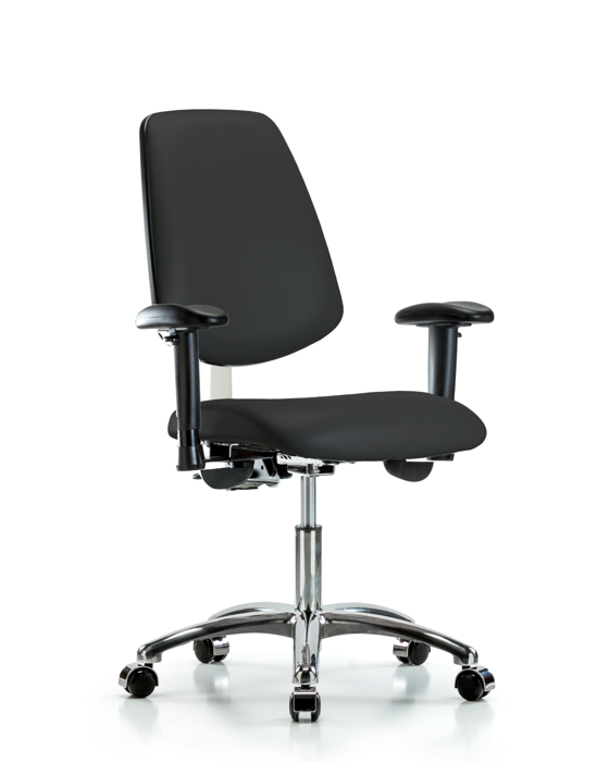 Blue Ridge Ergonomics NCR-VDHCH-MB-CR-T1-A1-CC-8540 Class 100 Vinyl Clean Room Chair - Desk Height with Medium Back, Seat Tilt, Adjustable Arms, & Casters in Black Trailblazer™ Vinyl