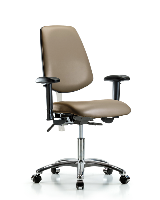 Blue Ridge Ergonomics NCR-VDHCH-MB-CR-T1-A1-CC-8809 Class 100 Vinyl Clean Room Chair - Desk Height with Medium Back, Seat Tilt, Adjustable Arms, & Casters in Taupe Supernova™ Vinyl