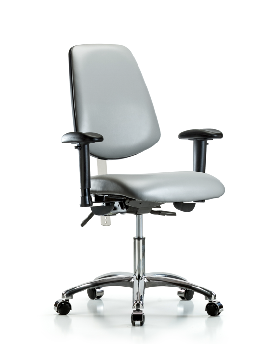 Blue Ridge Ergonomics NCR-VDHCH-MB-CR-T1-A1-CC-8840 Class 100 Vinyl Clean Room Chair - Desk Height with Medium Back, Seat Tilt, Adjustable Arms, & Casters in Sterling Supernova™ Vinyl