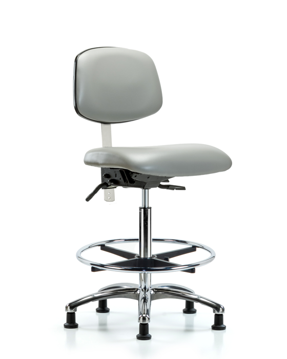Blue Ridge Ergonomics NCR-VHBCH-CR-T0-A0-CF-RG-8567 Class 100 Vinyl Clean Room Chair - High Bench Height with Chrome Foot Ring & Stationary Glides in Dove Trailblazer™ Vinyl