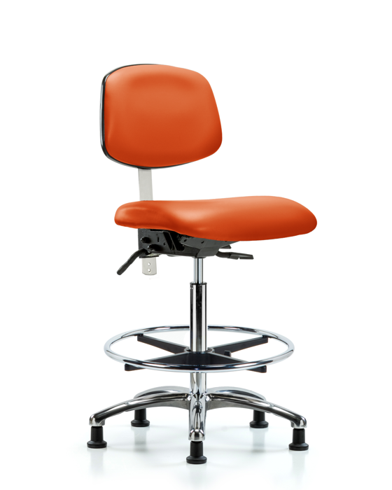 Blue Ridge Ergonomics NCR-VHBCH-CR-T0-A0-CF-RG-8613 Class 100 Vinyl Clean Room Chair - High Bench Height with Chrome Foot Ring & Stationary Glides in Orange Kist Trailblazer™ Vinyl