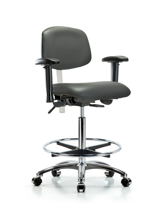 Blue Ridge Ergonomics NCR-VHBCH-CR-T0-A1-CF-CC-8823 Class 100 Vinyl Clean Room Chair - High Bench Height with Adjustable Arms, Chrome Foot Ring, & Casters in Carbon Supernova™ Vinyl