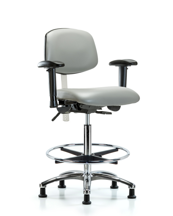 Blue Ridge Ergonomics NCR-VHBCH-CR-T0-A1-CF-RG-8567 Class 100 Vinyl Clean Room Chair - High Bench Height with Adjustable Arms, Chrome Foot Ring, & Stationary Glides in Dove Trailblazer™ Vinyl