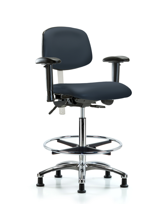 Blue Ridge Ergonomics NCR-VHBCH-CR-T0-A1-CF-RG-8582 Class 100 Vinyl Clean Room Chair - High Bench Height with Adjustable Arms, Chrome Foot Ring, & Stationary Glides in Imperial Blue Trailblazer™ Vinyl