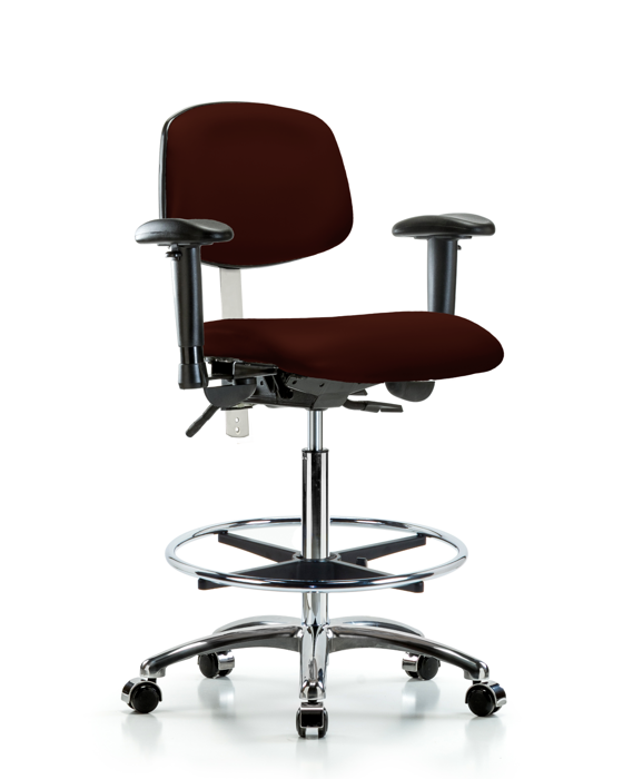 Blue Ridge Ergonomics NCR-VHBCH-CR-T1-A1-CF-CC-8569 Class 100 Vinyl Clean Room Chair - High Bench Height with Seat Tilt, Adjustable Arms, Chrome Foot Ring, & Casters in Burgundy Trailblazer™ Vinyl
