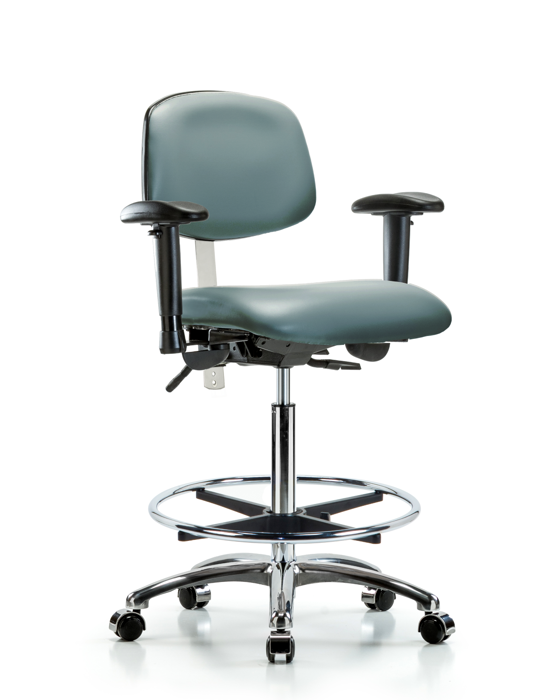Blue Ridge Ergonomics NCR-VHBCH-CR-T1-A1-CF-CC-8822 Class 100 Vinyl Clean Room Chair - High Bench Height with Seat Tilt, Adjustable Arms, Chrome Foot Ring, & Casters in Storm Supernova™ Vinyl