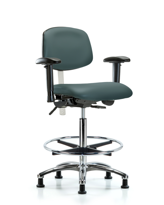 Blue Ridge Ergonomics NCR-VHBCH-CR-T1-A1-CF-RG-8546 Class 100 Vinyl Clean Room Chair - High Bench Height with Seat Tilt, Adjustable Arms, Chrome Foot Ring, & Stationary Glides in Colonial Blue Trailblazer™ Vinyl