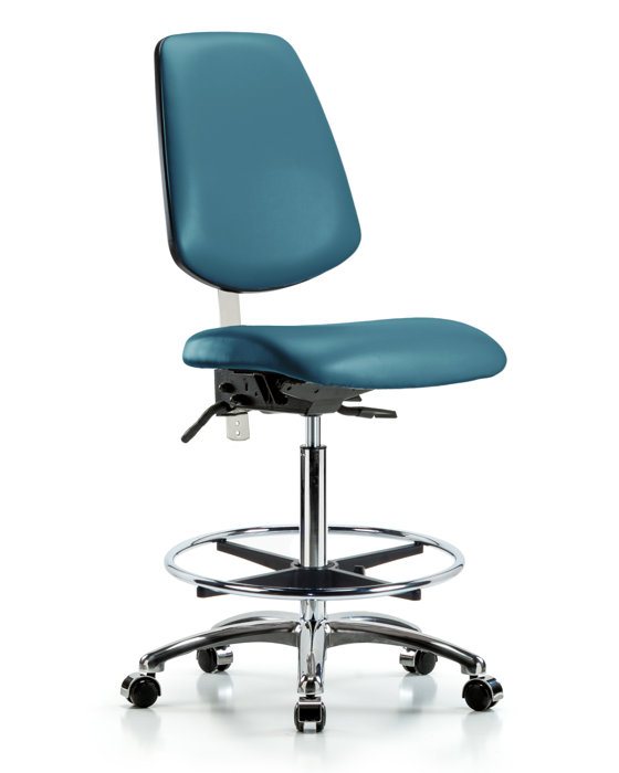 Blue Ridge Ergonomics NCR-VHBCH-MB-CR-T0-A0-CF-CC-8801 Class 100 Vinyl Clean Room Chair - High Bench Height with Medium Back, Chrome Foot Ring, & Casters in Marine Blue Supernova™ Vinyl
