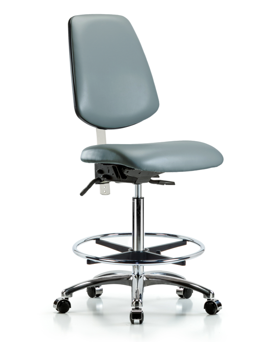 Blue Ridge Ergonomics NCR-VHBCH-MB-CR-T0-A0-CF-CC-8822 Class 100 Vinyl Clean Room Chair - High Bench Height with Medium Back, Chrome Foot Ring, & Casters in Storm Supernova™ Vinyl