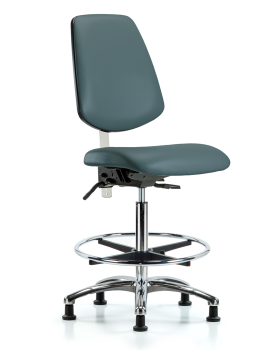 Blue Ridge Ergonomics NCR-VHBCH-MB-CR-T0-A0-CF-RG-8546 Class 100 Vinyl Clean Room Chair - High Bench Height with Medium Back, Chrome Foot Ring, & Stationary Glides in Colonial Blue Trailblazer™ Vinyl
