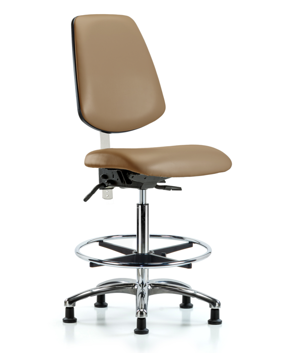 Blue Ridge Ergonomics NCR-VHBCH-MB-CR-T0-A0-CF-RG-8584 Class 100 Vinyl Clean Room Chair - High Bench Height with Medium Back, Chrome Foot Ring, & Stationary Glides in Taupe Trailblazer™ Vinyl