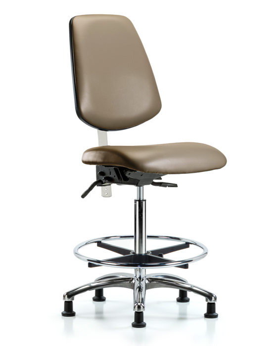 Blue Ridge Ergonomics NCR-VHBCH-MB-CR-T0-A0-CF-RG-8809 Class 100 Vinyl Clean Room Chair - High Bench Height with Medium Back, Chrome Foot Ring, & Stationary Glides in Taupe Supernova™ Vinyl