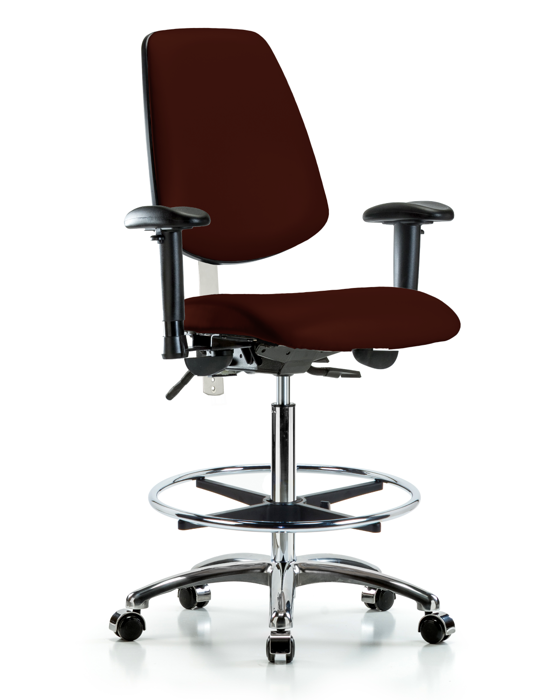Blue Ridge Ergonomics NCR-VHBCH-MB-CR-T0-A1-CF-CC-8569 Class 100 Vinyl Clean Room Chair - High Bench Height with Medium Back, Adjustable Arms, Chrome Foot Ring, & Casters in Burgundy Trailblazer™ Vinyl