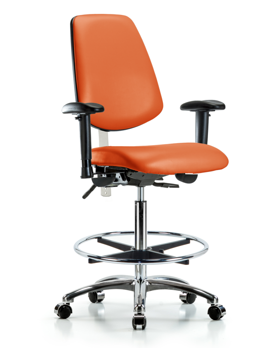 Blue Ridge Ergonomics NCR-VHBCH-MB-CR-T0-A1-CF-CC-8613 Class 100 Vinyl Clean Room Chair - High Bench Height with Medium Back, Adjustable Arms, Chrome Foot Ring, & Casters in Orange Kist Trailblazer™ Vinyl