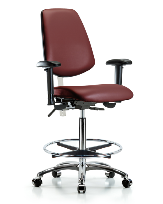 Blue Ridge Ergonomics NCR-VHBCH-MB-CR-T0-A1-CF-CC-8815 Class 100 Vinyl Clean Room Chair - High Bench Height with Medium Back, Adjustable Arms, Chrome Foot Ring, & Casters in Borscht Supernova™ Vinyl