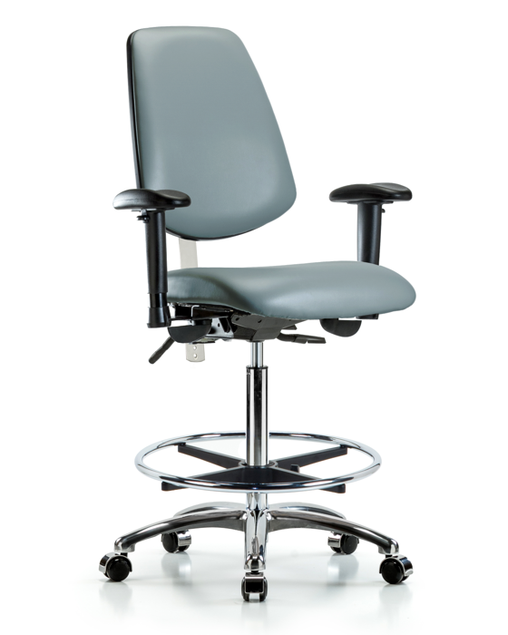 Blue Ridge Ergonomics NCR-VHBCH-MB-CR-T0-A1-CF-CC-8822 Class 100 Vinyl Clean Room Chair - High Bench Height with Medium Back, Adjustable Arms, Chrome Foot Ring, & Casters in Storm Supernova™ Vinyl