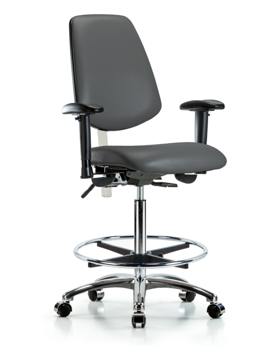 Blue Ridge Ergonomics NCR-VHBCH-MB-CR-T0-A1-CF-CC-8823 Class 100 Vinyl Clean Room Chair - High Bench Height with Medium Back, Adjustable Arms, Chrome Foot Ring, & Casters in Carbon Supernova™ Vinyl