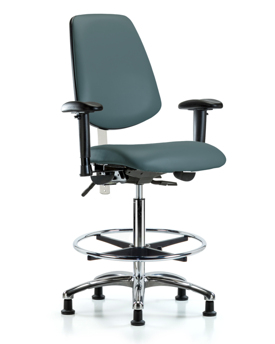 Blue Ridge Ergonomics NCR-VHBCH-MB-CR-T0-A1-CF-RG-8546 Class 100 Vinyl Clean Room Chair - High Bench Height with Medium Back, Adjustable Arms, Chrome Foot Ring, & Stationary Glides in Colonial Blue Trailblazer™ Vinyl