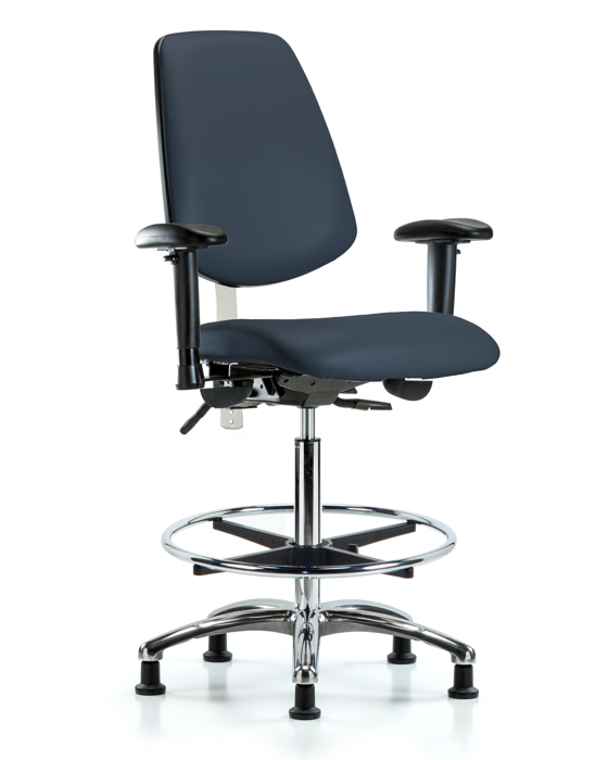 Blue Ridge Ergonomics NCR-VHBCH-MB-CR-T0-A1-CF-RG-8582 Class 100 Vinyl Clean Room Chair - High Bench Height with Medium Back, Adjustable Arms, Chrome Foot Ring, & Stationary Glides in Imperial Blue Trailblazer™ Vinyl