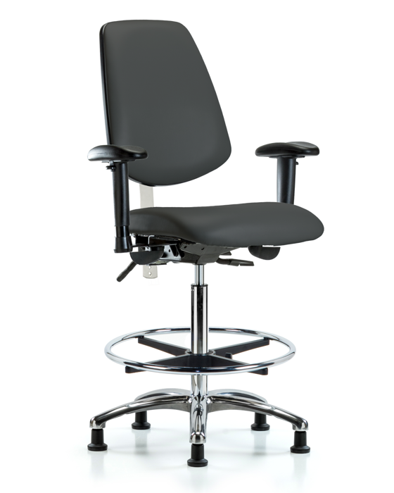 Blue Ridge Ergonomics NCR-VHBCH-MB-CR-T0-A1-CF-RG-8605 Class 100 Vinyl Clean Room Chair - High Bench Height with Medium Back, Adjustable Arms, Chrome Foot Ring, & Stationary Glides in Charcoal Trailblazer™ Vinyl