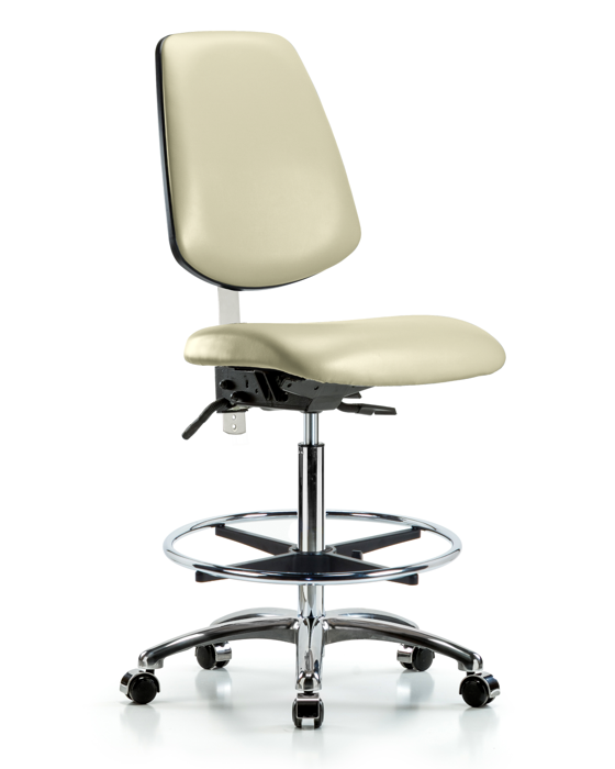 Blue Ridge Ergonomics NCR-VHBCH-MB-CR-T1-A0-CF-CC-8501 Class 100 Vinyl Clean Room Chair - High Bench Height with Medium Back, Seat Tilt, Chrome Foot Ring, & Casters in Adobe White Trailblazer™ Vinyl