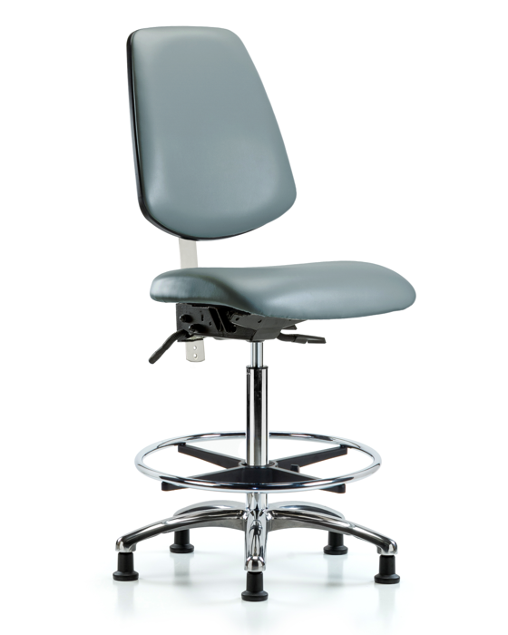 Blue Ridge Ergonomics NCR-VHBCH-MB-CR-T1-A0-CF-RG-8822 Class 100 Vinyl Clean Room Chair - High Bench Height with Medium Back, Seat Tilt, Chrome Foot Ring, & Stationary Glides in Storm Supernova™ Vinyl