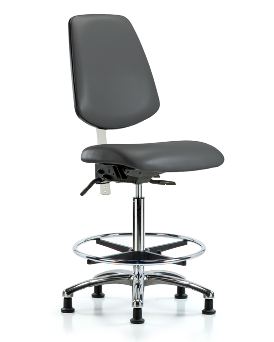 Blue Ridge Ergonomics NCR-VHBCH-MB-CR-T1-A0-CF-RG-8823 Class 100 Vinyl Clean Room Chair - High Bench Height with Medium Back, Seat Tilt, Chrome Foot Ring, & Stationary Glides in Carbon Supernova™ Vinyl