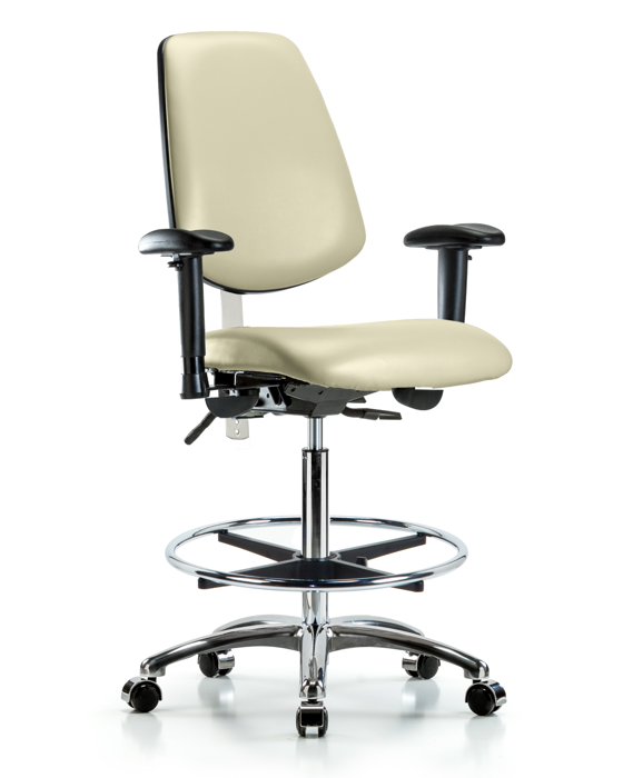 Blue Ridge Ergonomics NCR-VHBCH-MB-CR-T1-A1-CF-CC-8501 Class 100 Vinyl Clean Room Chair - High Bench Height with Medium Back, Seat Tilt, Adjustable Arms, Chrome Foot Ring, & Casters in Adobe White Trailblazer™ Vinyl