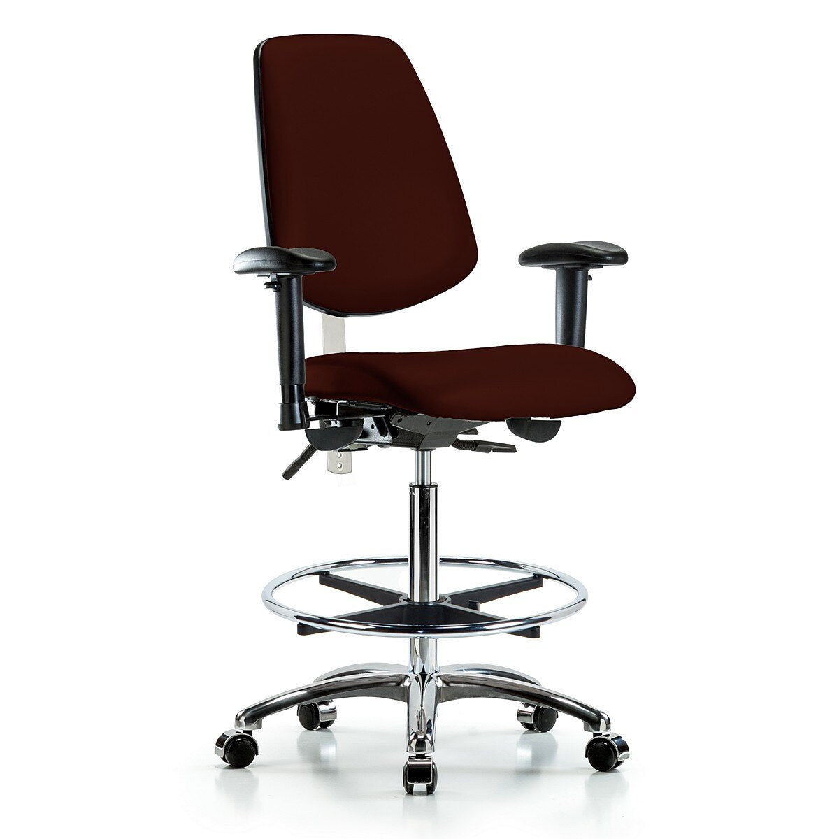 Blue Ridge Ergonomics NCR-VHBCH-MB-CR-T1-A1-CF-CC-8569 Class 100 Vinyl Clean Room Chair - High Bench Height with Medium Back, Seat Tilt, Adjustable Arms, Chrome Foot Ring, & Casters in Burgundy Trailblazer™ Vinyl