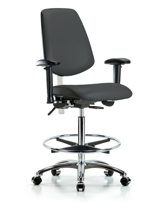 Blue Ridge Ergonomics NCR-VHBCH-MB-CR-T1-A1-CF-CC-8605 Class 100 Vinyl Clean Room Chair - High Bench Height with Medium Back, Seat Tilt, Adjustable Arms, Chrome Foot Ring, & Casters in Charcoal Trailblazer™ Vinyl