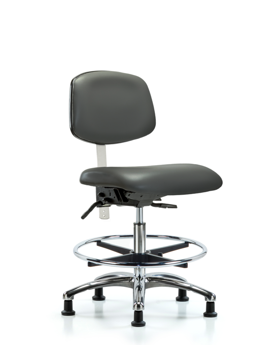 Blue Ridge Ergonomics NCR-VMBCH-CR-T0-A0-CF-RG-8823 Class 100 Vinyl Clean Room Chair - Medium Bench Height with Chrome Foot Ring & Stationary Glides in Carbon Supernova™ Vinyl