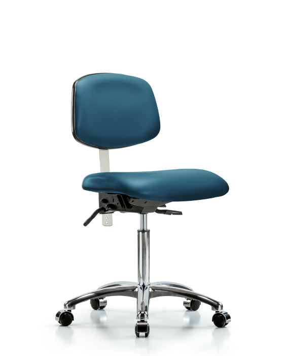Blue Ridge Ergonomics NCR-VMBCH-CR-T0-A0-NF-CC-8801 Class 100 Vinyl Clean Room Chair - Medium Bench Height with Casters in Marine Blue Supernova™ Vinyl