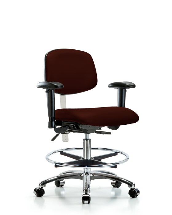 Blue Ridge Ergonomics NCR-VMBCH-CR-T0-A1-CF-CC-8569 Class 100 Vinyl Clean Room Chair - Medium Bench Height with Adjustable Arms, Chrome Foot Ring, & Casters in Burgundy Trailblazer™ Vinyl