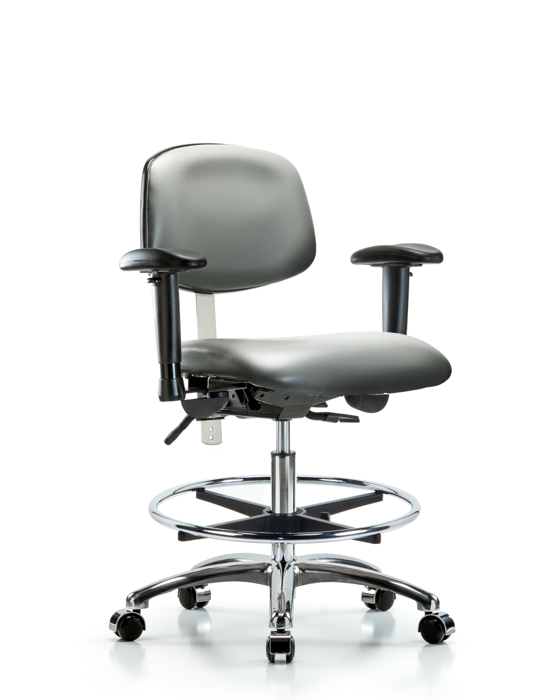 Blue Ridge Ergonomics NCR-VMBCH-CR-T0-A1-CF-CC-8840 Class 100 Vinyl Clean Room Chair - Medium Bench Height with Adjustable Arms, Chrome Foot Ring, & Casters in Sterling Supernova™ Vinyl