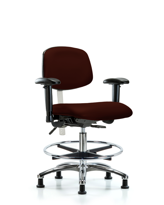 Blue Ridge Ergonomics NCR-VMBCH-CR-T0-A1-CF-RG-8569 Class 100 Vinyl Clean Room Chair - Medium Bench Height with Adjustable Arms, Chrome Foot Ring, & Stationary Glides in Burgundy Trailblazer™ Vinyl
