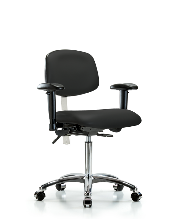 Blue Ridge Ergonomics NCR-VMBCH-CR-T0-A1-NF-CC-8540 Class 100 Vinyl Clean Room Chair - Medium Bench Height with Adjustable Arms & Casters in Black Trailblazer™ Vinyl