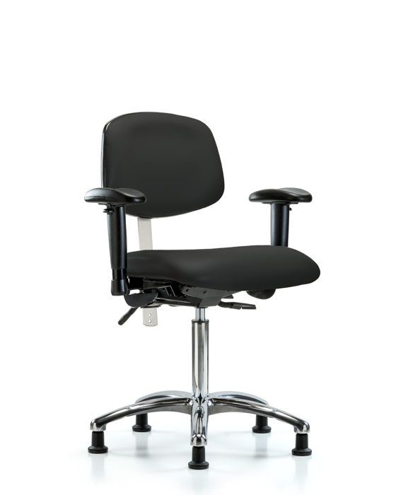 Blue Ridge Ergonomics NCR-VMBCH-CR-T0-A1-NF-RG-8540 Class 100 Vinyl Clean Room Chair - Medium Bench Height with Adjustable Arms & Stationary Glides in Black Trailblazer™ Vinyl