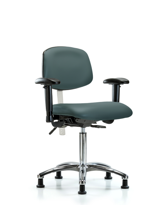 Blue Ridge Ergonomics NCR-VMBCH-CR-T0-A1-NF-RG-8546 Class 100 Vinyl Clean Room Chair - Medium Bench Height with Adjustable Arms & Stationary Glides in Colonial Blue Trailblazer™ Vinyl