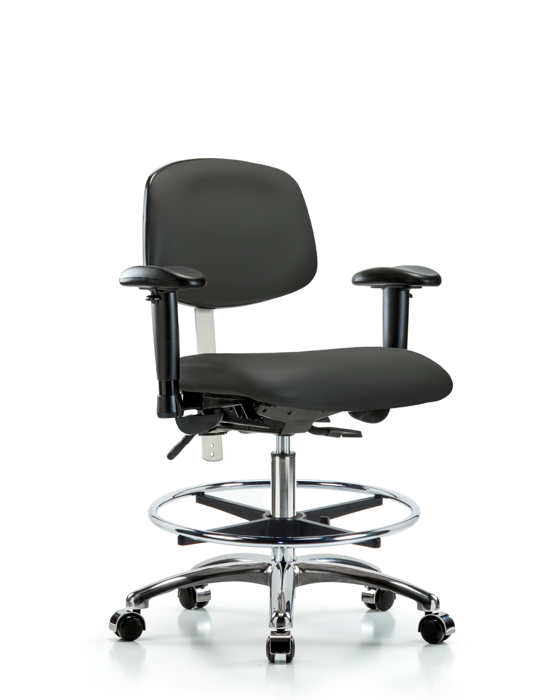 Blue Ridge Ergonomics NCR-VMBCH-CR-T1-A1-CF-CC-8605 Class 100 Vinyl Clean Room Chair - Medium Bench Height with Seat Tilt, Adjustable Arms, Chrome Foot Ring, & Casters in Charcoal Trailblazer™ Vinyl