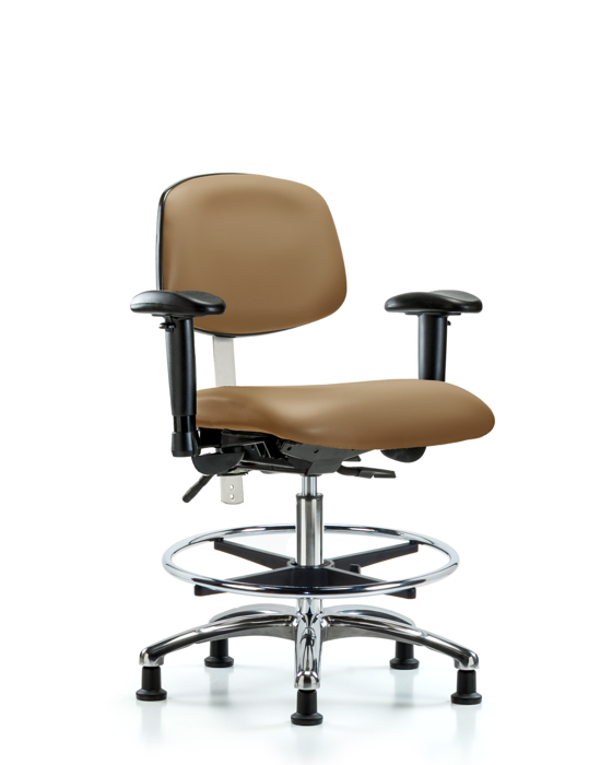 Blue Ridge Ergonomics NCR-VMBCH-CR-T1-A1-CF-RG-8584 Class 100 Vinyl Clean Room Chair - Medium Bench Height with Seat Tilt, Adjustable Arms, Chrome Foot Ring, & Stationary Glides in Taupe Trailblazer™ Vinyl