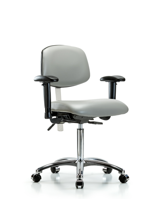 Blue Ridge Ergonomics NCR-VMBCH-CR-T1-A1-NF-CC-8567 Class 100 Vinyl Clean Room Chair - Medium Bench Height with Seat Tilt, Adjustable Arms, & Casters in Dove Trailblazer™ Vinyl