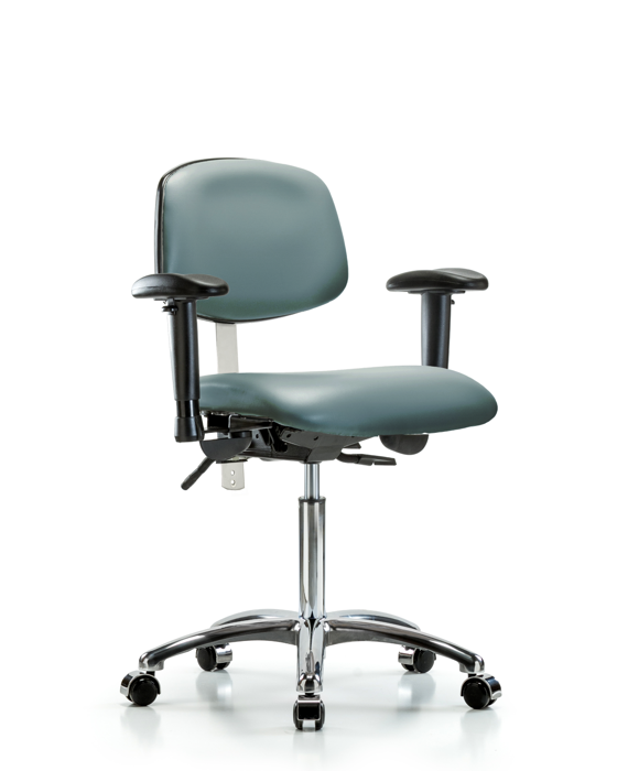 Blue Ridge Ergonomics NCR-VMBCH-CR-T1-A1-NF-CC-8822 Class 100 Vinyl Clean Room Chair - Medium Bench Height with Seat Tilt, Adjustable Arms, & Casters in Storm Supernova™ Vinyl