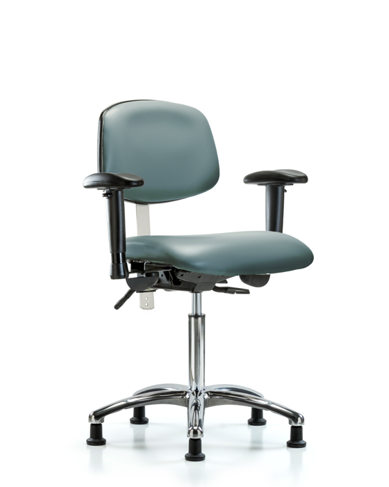 Blue Ridge Ergonomics NCR-VMBCH-CR-T1-A1-NF-RG-8822 Class 100 Vinyl Clean Room Chair - Medium Bench Height with Seat Tilt, Adjustable Arms, & Stationary Glides in Storm Supernova™ Vinyl