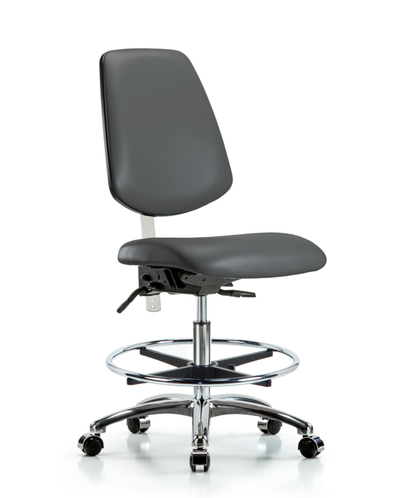 Blue Ridge Ergonomics NCR-VMBCH-MB-CR-T0-A0-CF-CC-8823 Class 100 Vinyl Clean Room Chair - Medium Bench Height with Medium Back, Chrome Foot Ring, & Casters in Carbon Supernova™ Vinyl