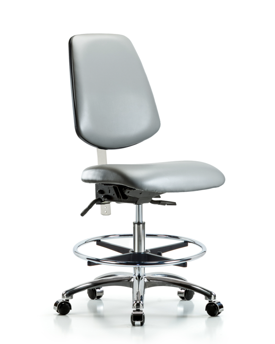 Blue Ridge Ergonomics NCR-VMBCH-MB-CR-T0-A0-CF-CC-8840 Class 100 Vinyl Clean Room Chair - Medium Bench Height with Medium Back, Chrome Foot Ring, & Casters in Sterling Supernova™ Vinyl