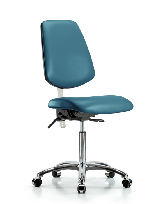 Blue Ridge Ergonomics NCR-VMBCH-MB-CR-T0-A0-NF-CC-8801 Class 100 Vinyl Clean Room Chair - Medium Bench Height with Medium Back & Casters in Marine Blue Supernova™ Vinyl